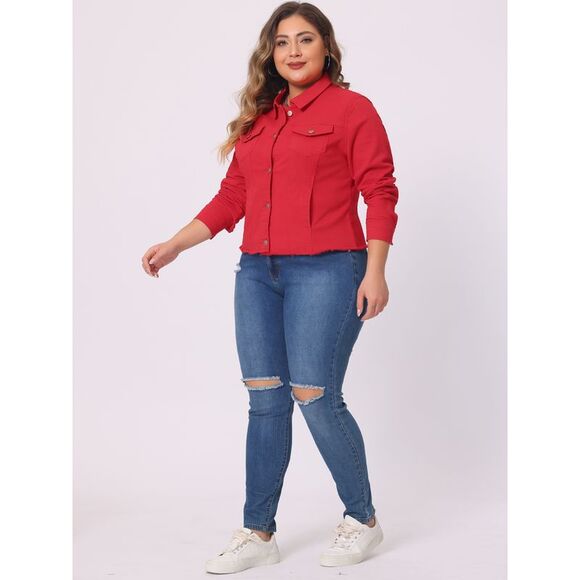 Plus Size Classic Washed Front Frayed Denim Jacket Red - Picture 3 of 5